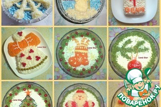 Варианты новогоднего оформления салата "Мимоза"