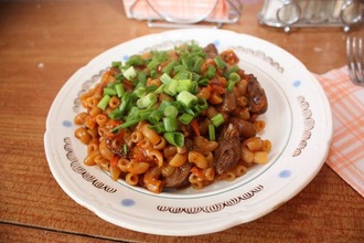 Куриные сердечки с макаронами