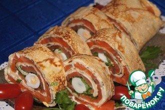 Блинные рулетики с семгой и эстрагоном