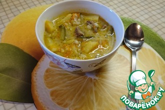 Рассольник с говядиной, перловкой и заправкой