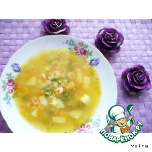 Суп с овощами, макаронами и креветками